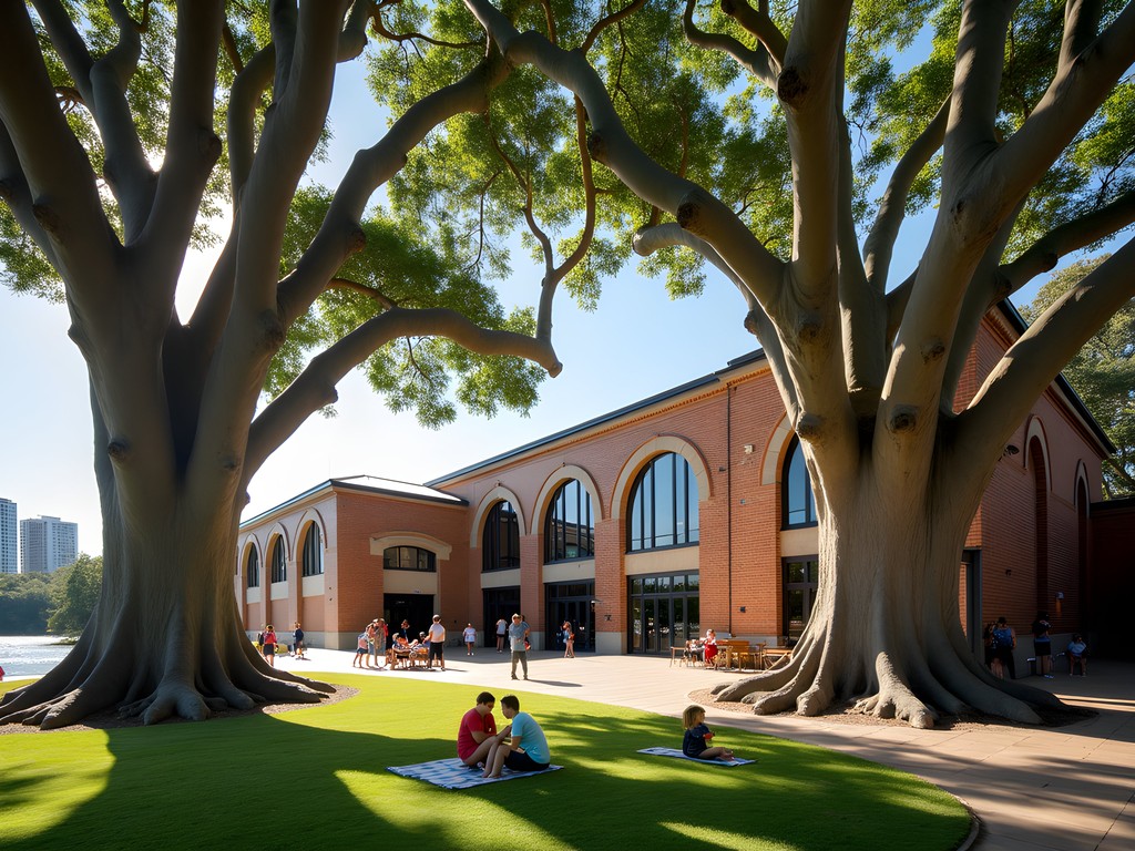 Brisbane Powerhouse arts center with Moreton Bay fig trees in New Farm Park