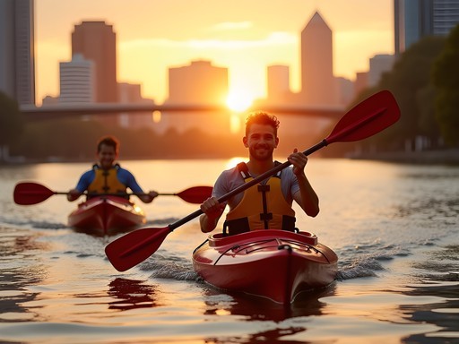 Father and teenage son kayaking on Brisbane River at sunset with city skyline