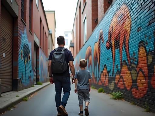 Father and son admiring colorful street art mural in Fortitude Valley, Brisbane