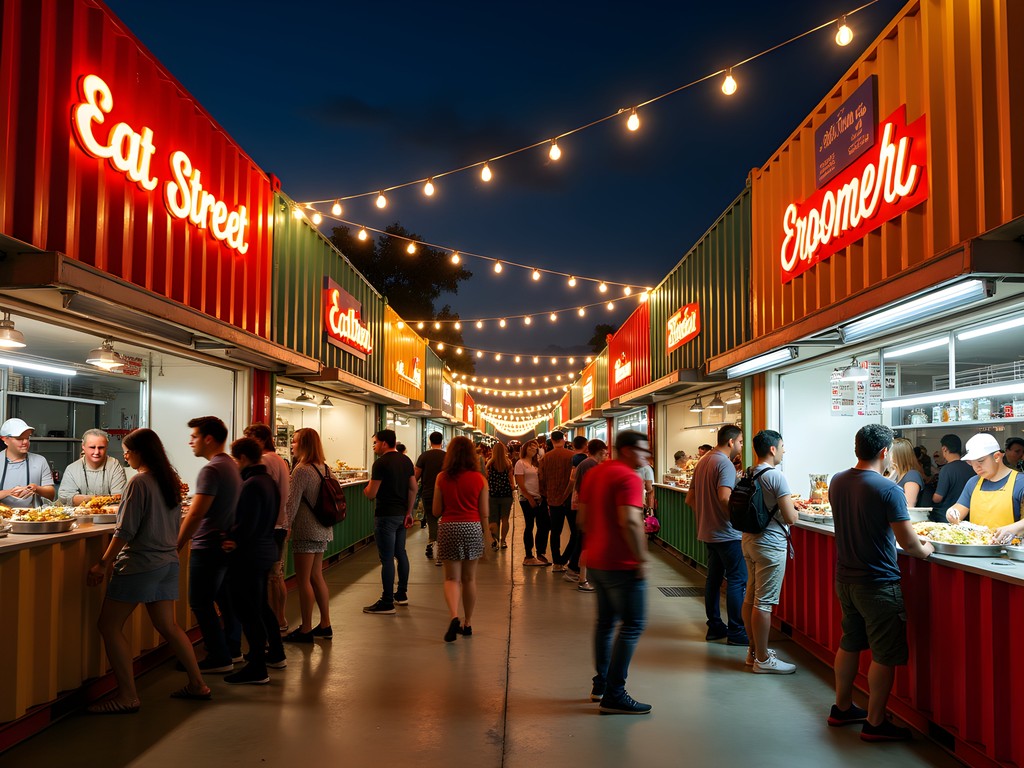 Colorful shipping container food stalls at Eat Street Northshore Brisbane at night