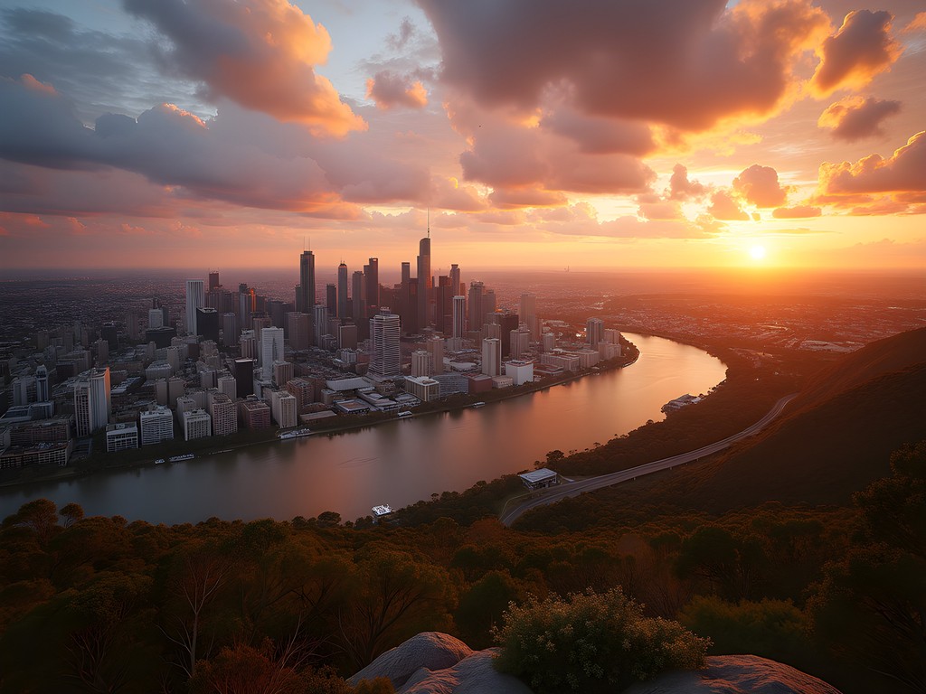 Panoramic view of Brisbane city from Mount Coot-tha Lookout at sunset
