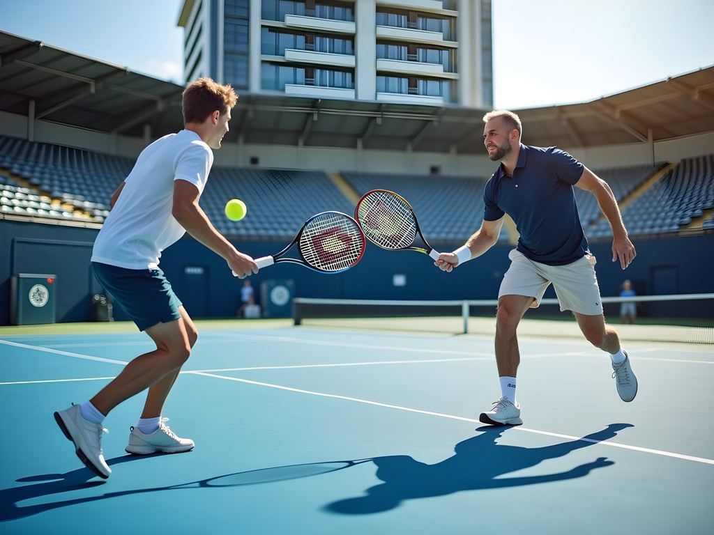 Father and son playing tennis at Queensland Tennis Centre main court