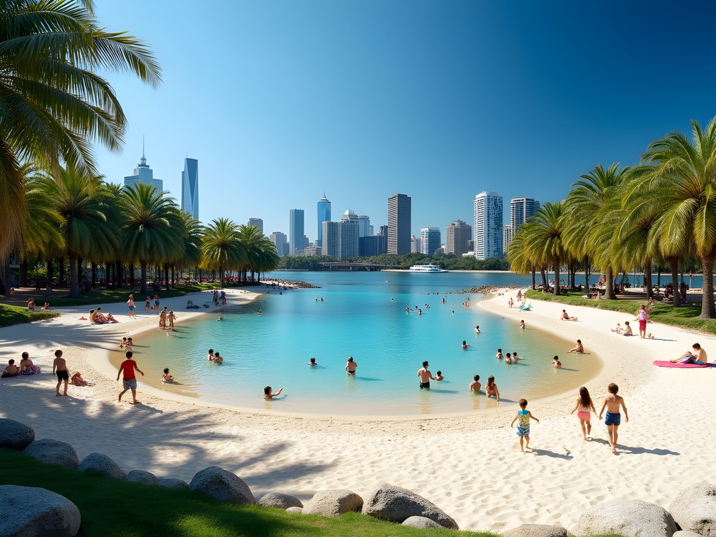 Streets Beach at South Bank Parklands with Brisbane skyline in background