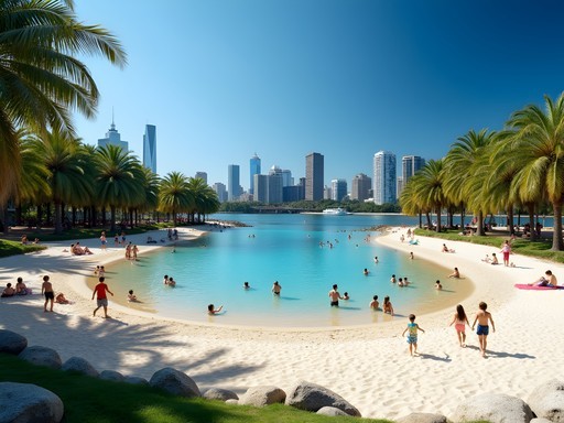 Streets Beach at South Bank Parklands with Brisbane skyline in background