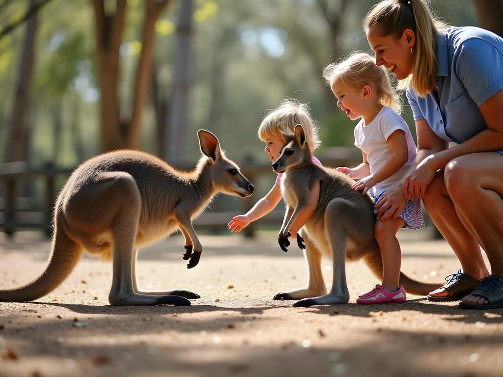 Family feeding kangaroos at Lone Pine Koala Sanctuary in Brisbane
