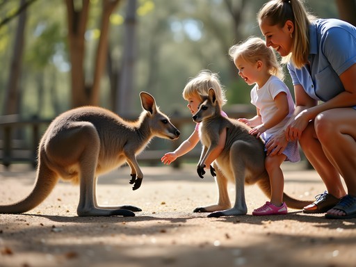 Family feeding kangaroos at Lone Pine Koala Sanctuary in Brisbane