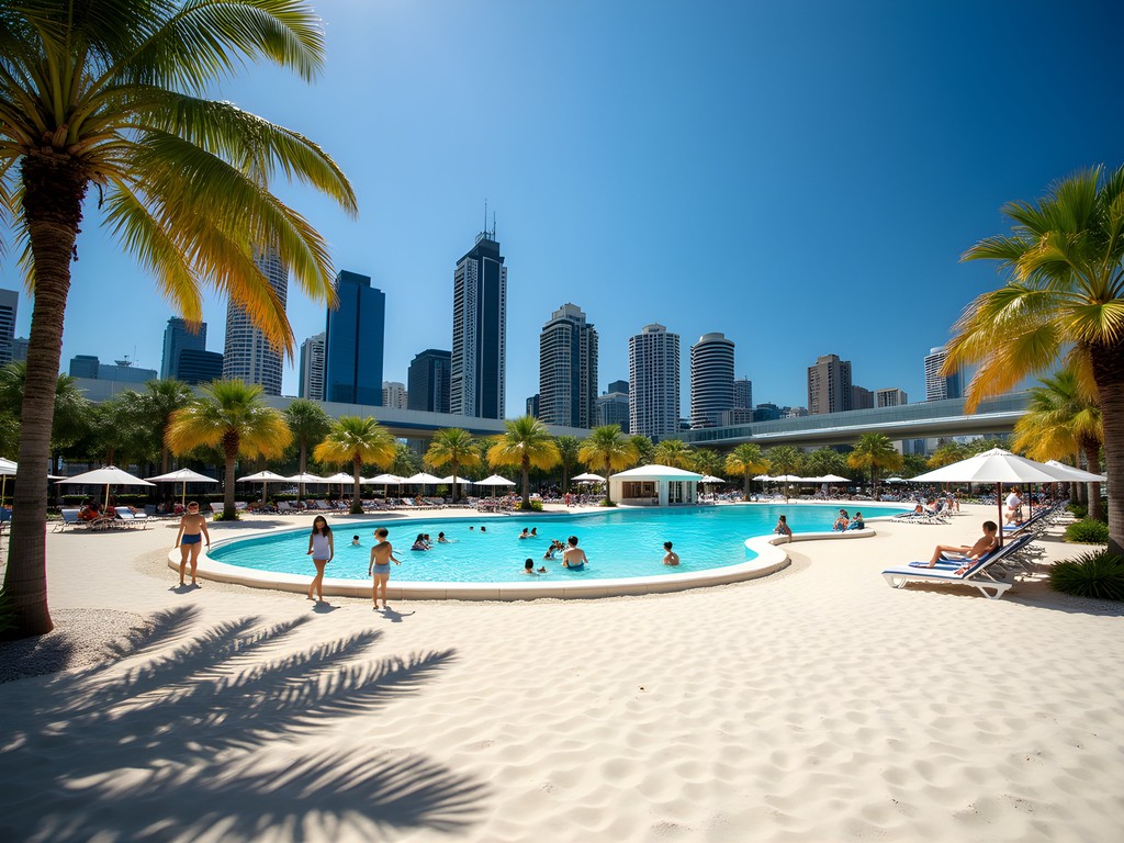 Streets Beach at South Bank Parklands in Brisbane with city skyline in background