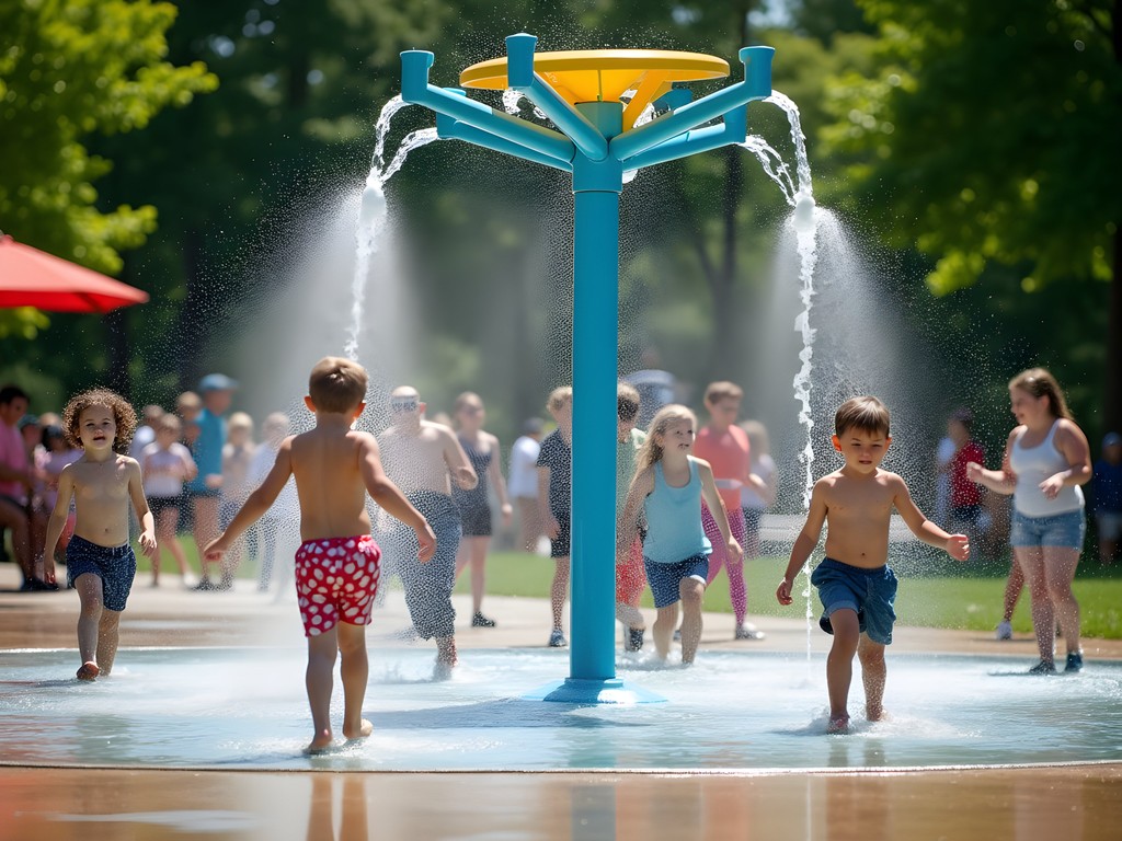 Children playing at Central Park splash pad in Brooklyn Park on a sunny summer day