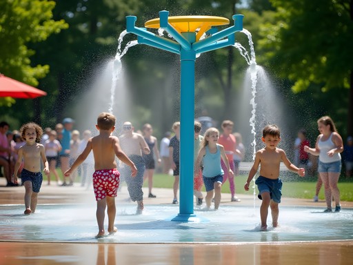 Children playing at Central Park splash pad in Brooklyn Park on a sunny summer day