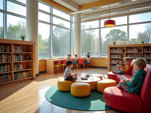 Child engaged in reading activity at Hennepin County Brooklyn Park Library children's section