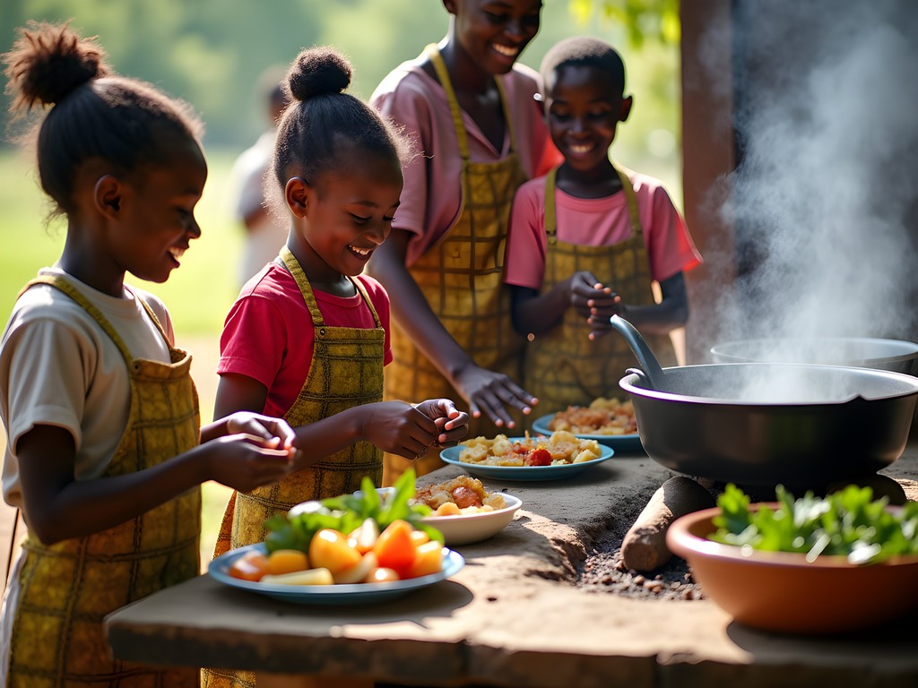 Children learning to prepare traditional Rwandan dishes with local family