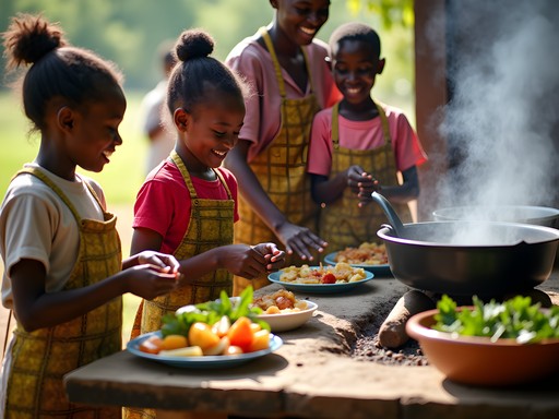 Children learning to prepare traditional Rwandan dishes with local family