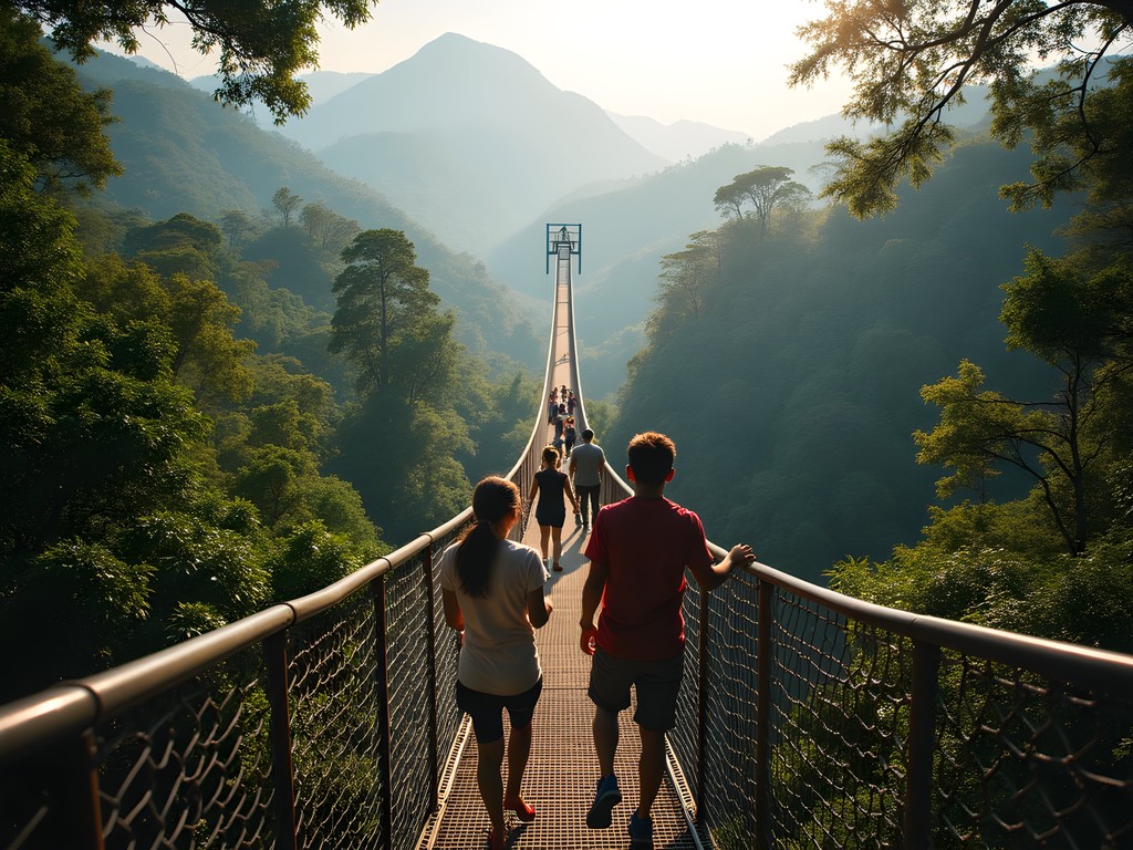 Family crossing the canopy walkway in Nyungwe Forest National Park, Rwanda