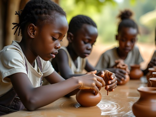 Children learning traditional pottery techniques from local artisans in Butare