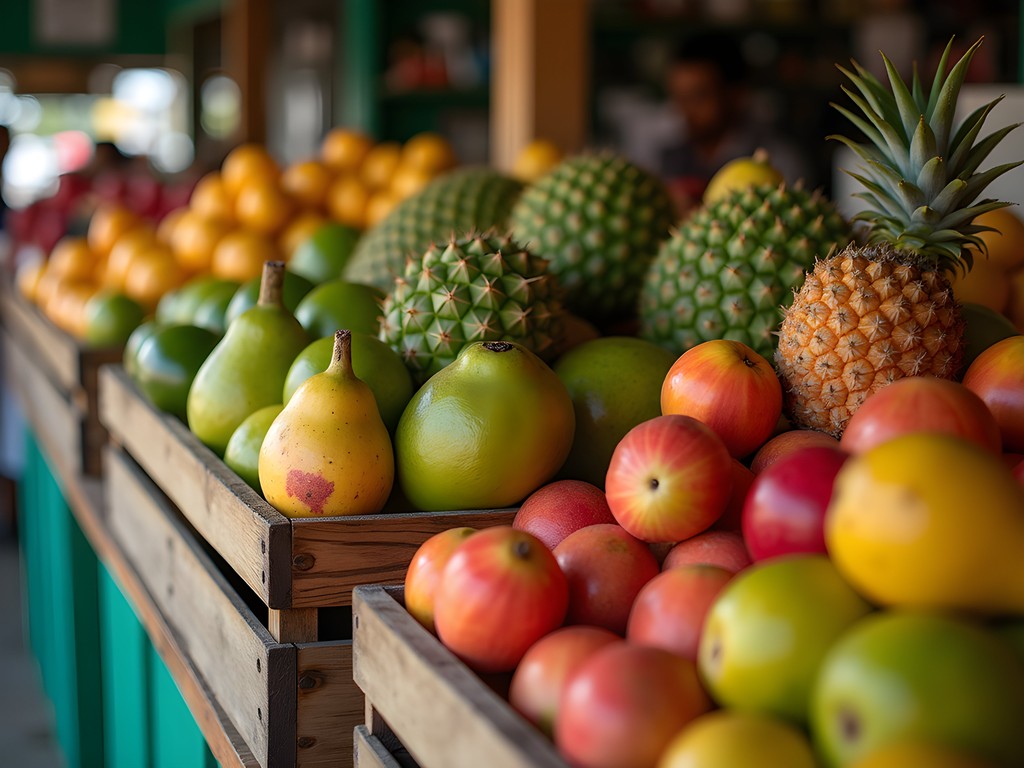 Colorful display of tropical fruits at Caguas family market