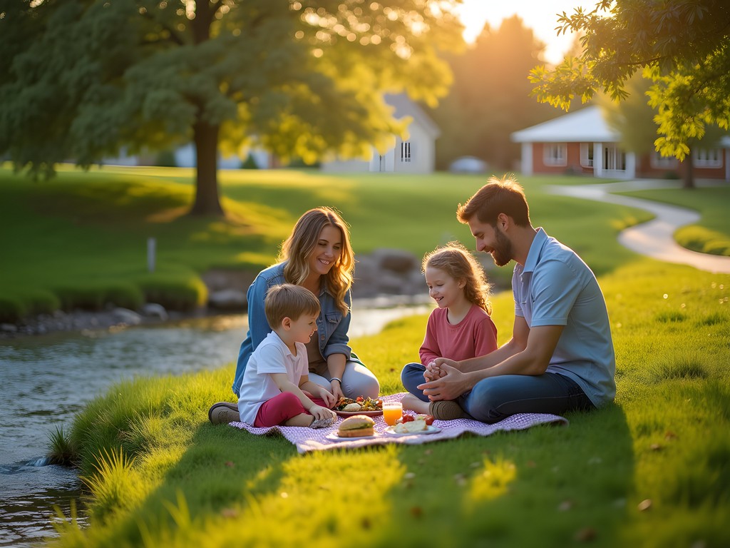 Family enjoying picnic along Indian Creek pathway in Caldwell Idaho