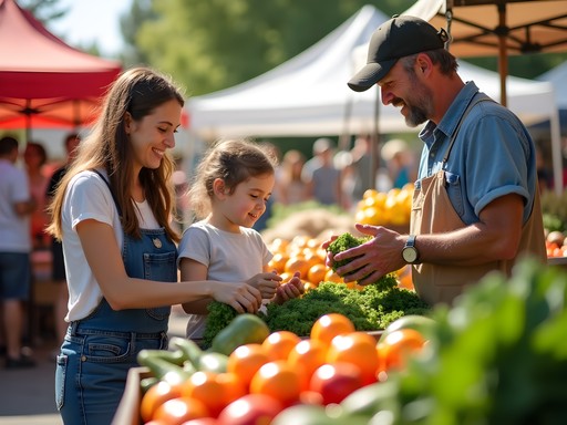 Family shopping together at Caldwell Farmers Market with local produce displays