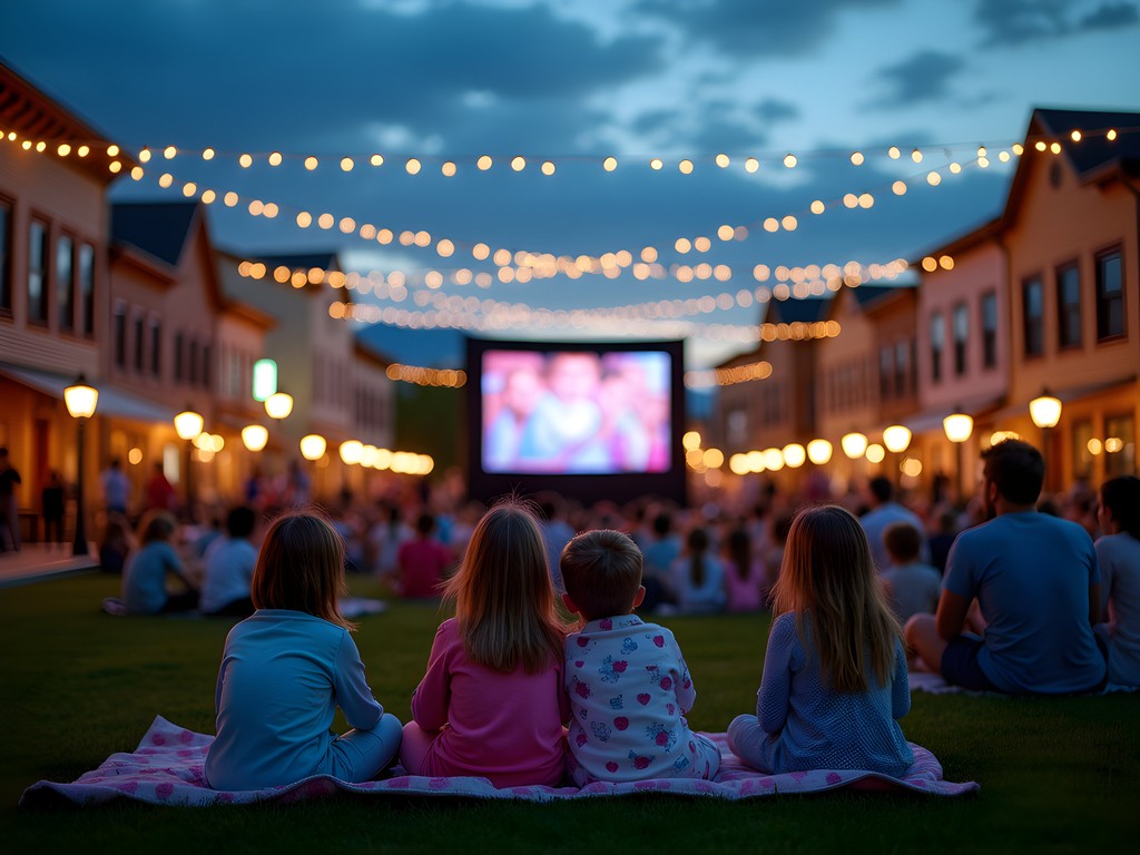 Families gathering at Indian Creek Plaza in downtown Caldwell for outdoor movie night
