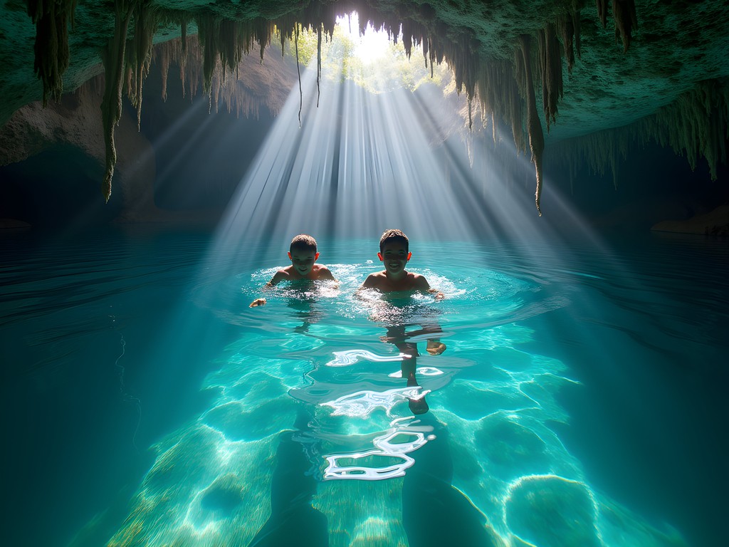 Family swimming in the crystal clear waters of Cenote Dos Ojos near Cancun