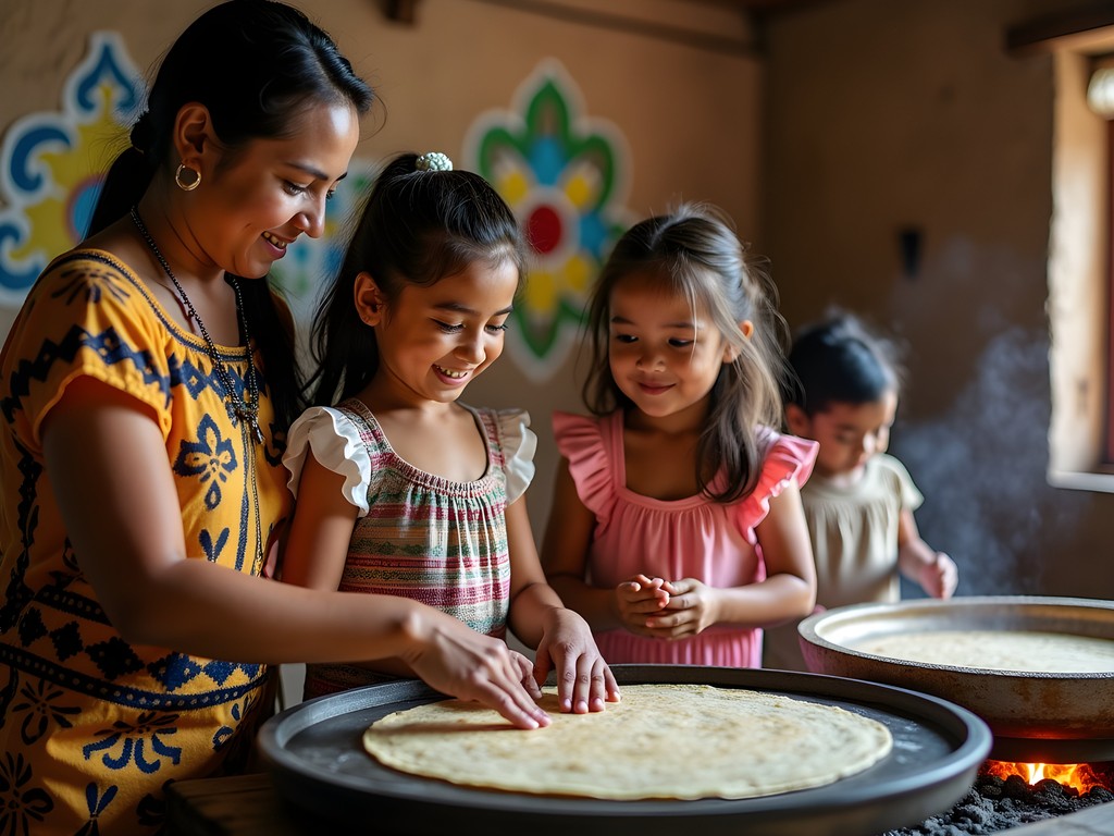 Children learning to make traditional tortillas by hand at Pueblo Maya cultural center