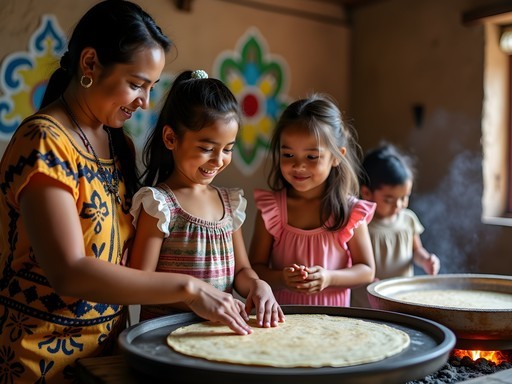 Children learning to make traditional tortillas by hand at Pueblo Maya cultural center