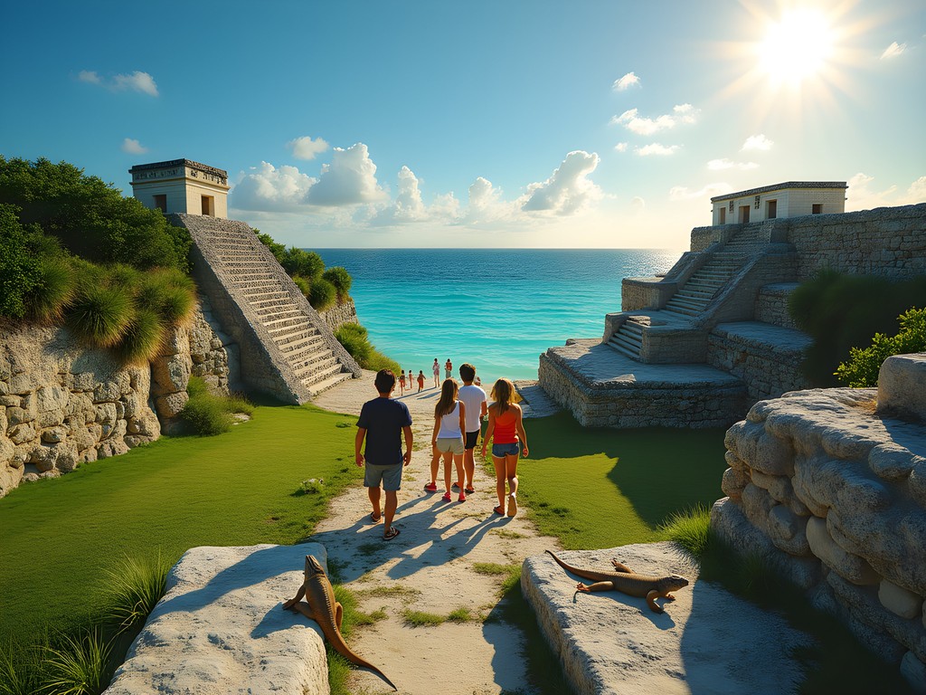 Family exploring the ancient Mayan ruins of Tulum overlooking the Caribbean Sea