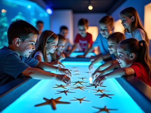 Children touching starfish in the Interactive Aquarium Cancun touch tank