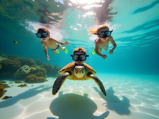 Children snorkeling with sea turtles in the clear waters of Akumal Bay near Cancun