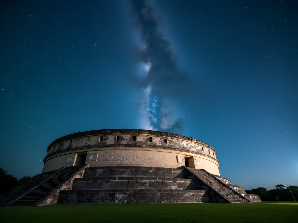 Ancient Maya observatory structure against starry Cancun night sky