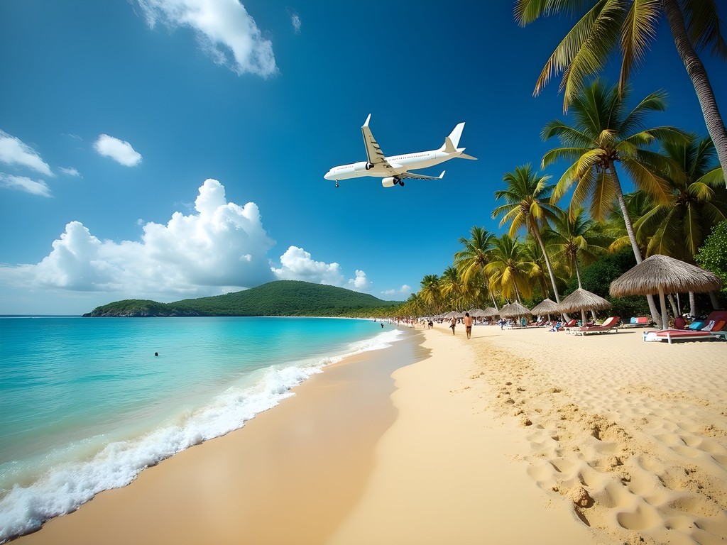 Isla Verde Beach in Carolina with airplane landing at nearby SJU airport
