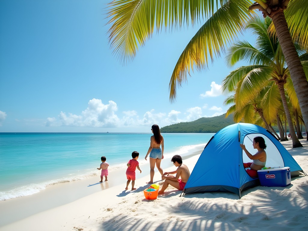 Family enjoying Isla Verde Beach with beach tent setup