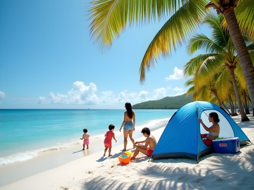 Family enjoying Isla Verde Beach with beach tent setup
