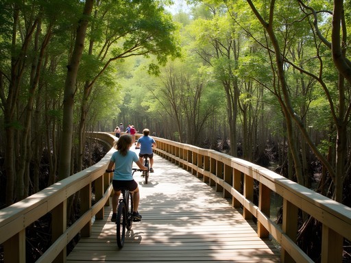 Family cycling on wooden boardwalk through Piñones mangrove forest