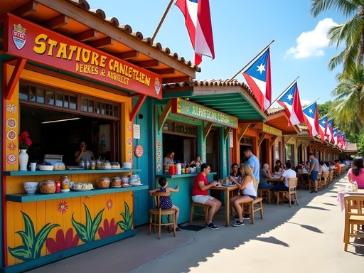 Colorful food kiosks in Piñones serving traditional Puerto Rican cuisine