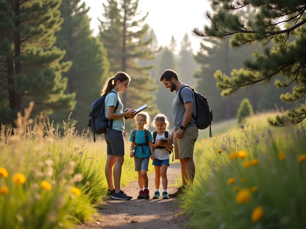 Family exploring Casper Mountain trails with guidebooks