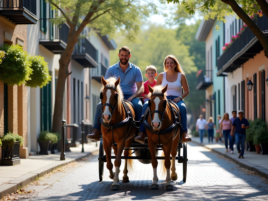 Family enjoying a horse-drawn carriage tour through Charleston's Historic District