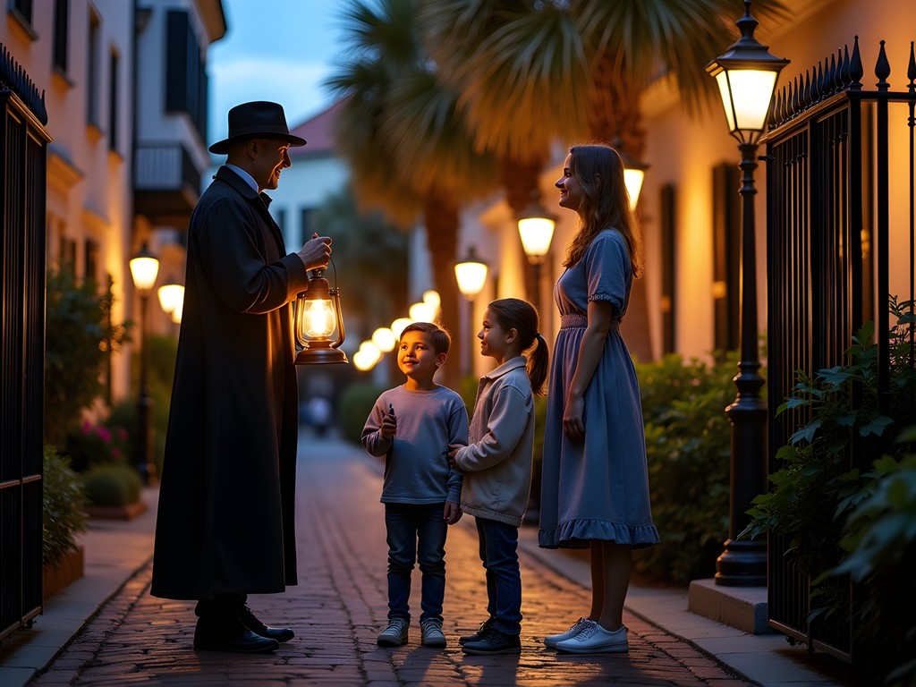 Family participating in a ghost tour through historic Charleston at dusk