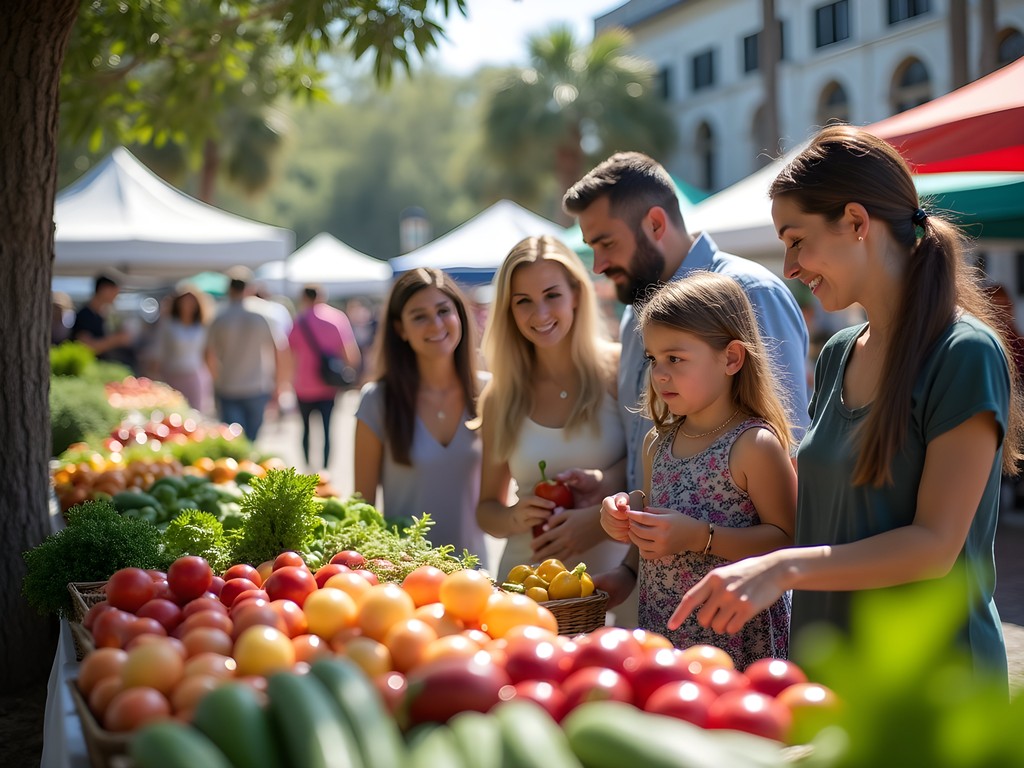 Family exploring Charleston Farmers Market with local vendors
