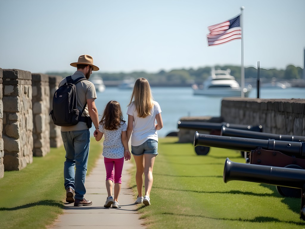Family exploring Fort Sumter with Charleston harbor in background