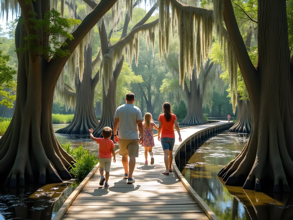 Family exploring cypress swamp boardwalk at Magnolia Plantation