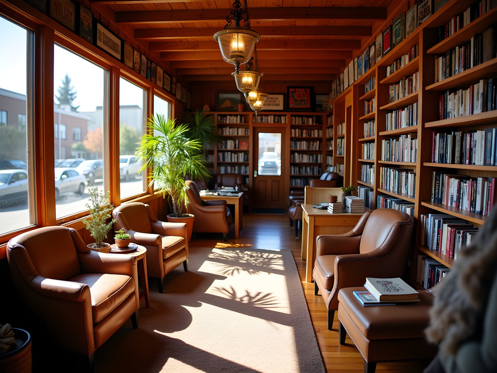 Woman browsing Western literature in cozy Cheyenne bookstore
