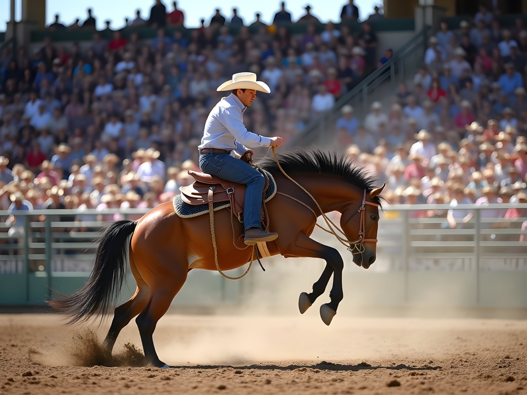 Exciting bronc riding action at Cheyenne Frontier Days rodeo with cheering crowd