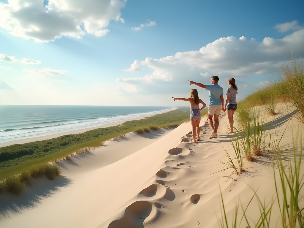 Family hiking through the towering sand dunes at Indiana Dunes National Park