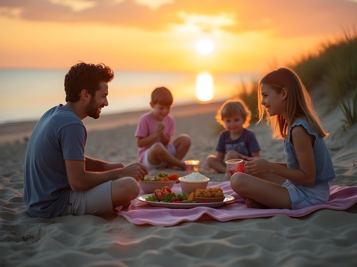 Family enjoying picnic dinner on Lake Michigan beach at sunset