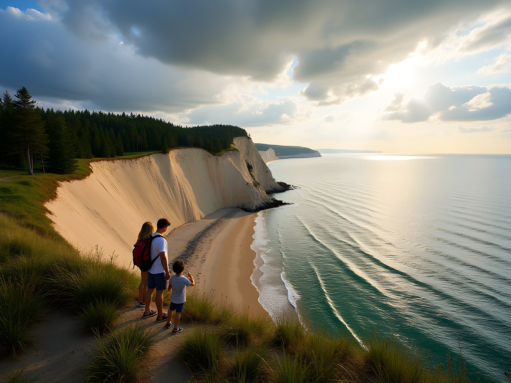 Family admiring the spectacular view from Pierce Stocking Scenic Drive overlook at Sleeping Bear Dunes