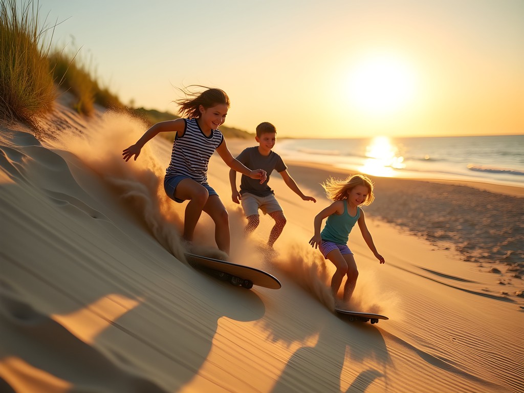 Children sandboarding down Warren Dunes at sunset with Lake Michigan in background