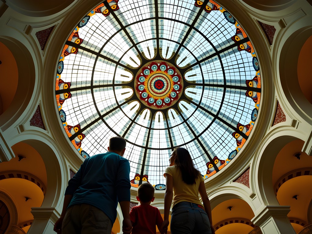 Family admiring the Tiffany glass dome at Chicago Cultural Center