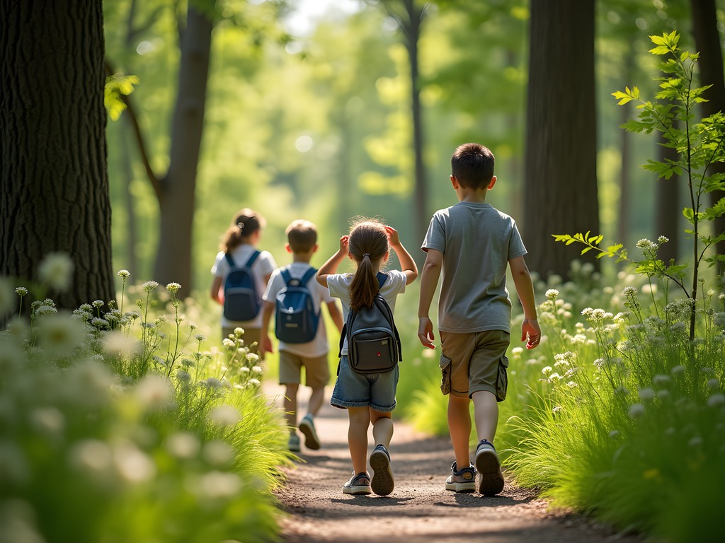Family exploring forest trail at Little Red Schoolhouse Nature Center near Chicago