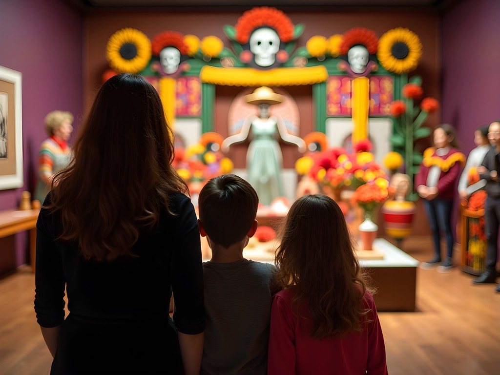 Family exploring colorful Day of the Dead exhibit at National Museum of Mexican Art