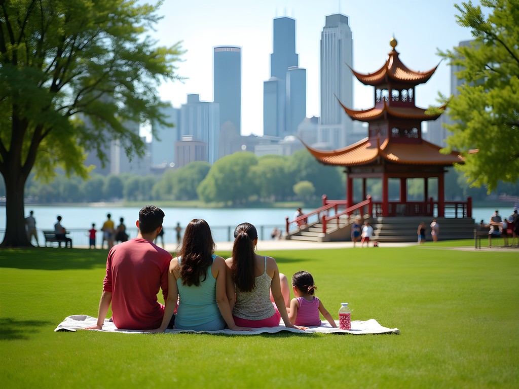 Family enjoying Ping Tom Memorial Park with Chicago skyline view